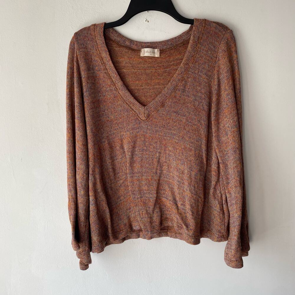 Marbled Knit‎ Sweater Bell Sleeves SZ M V- Neck Stretchy Oversized Boho Cottage
